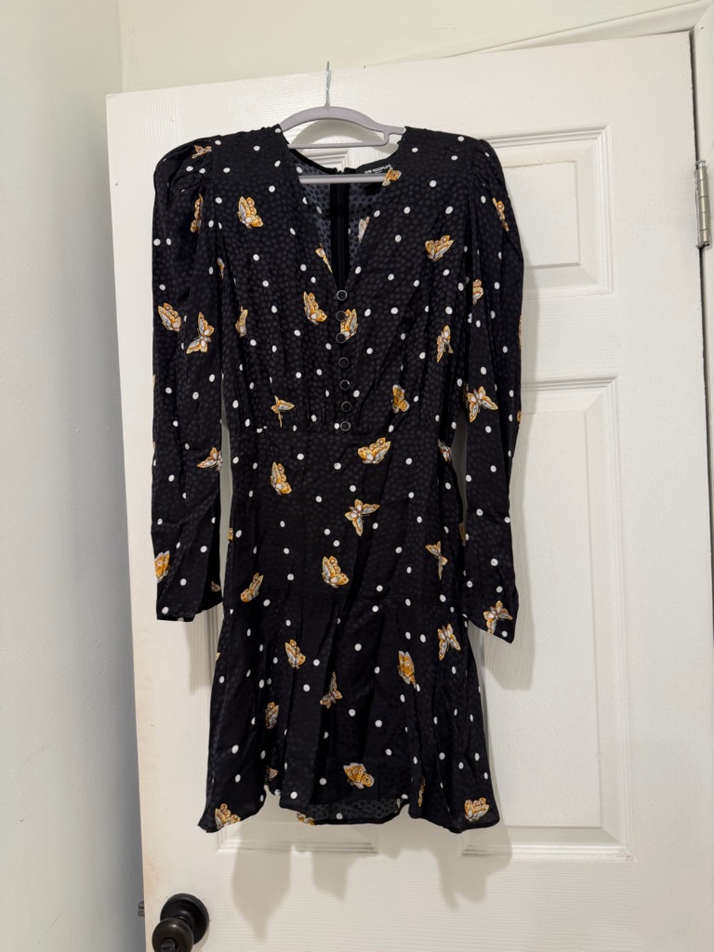 The Kooples Black Midi Dress with White Polka Dots and Yellow Butterfly Motif